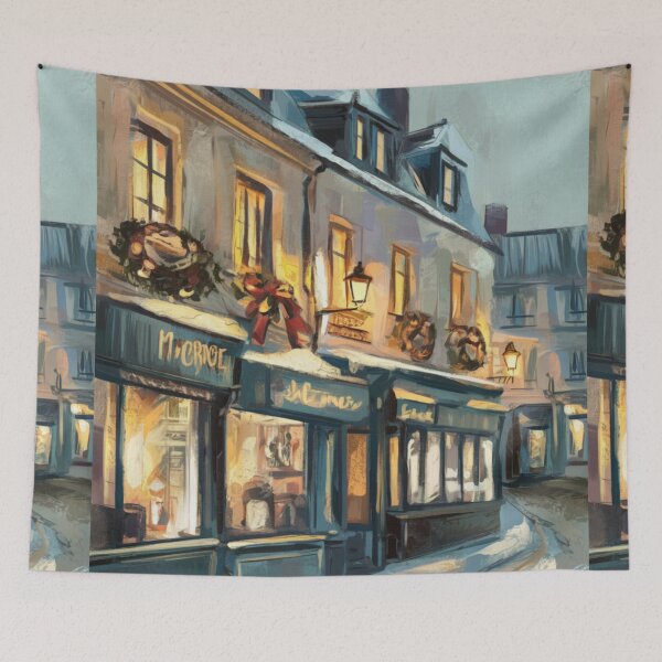 Item preview, French Christmas – Cozy Winter Street Scene Painting. Art by Carraann  designed and sold by CARRAANN.