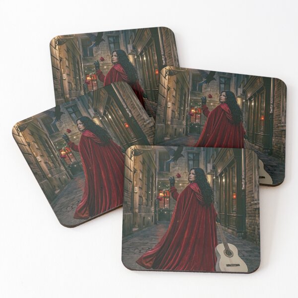 Item preview, Gothic Woman in Red Cloak with Guitar and Raven in Dark Street designed and sold by DarkLuxuryArt.