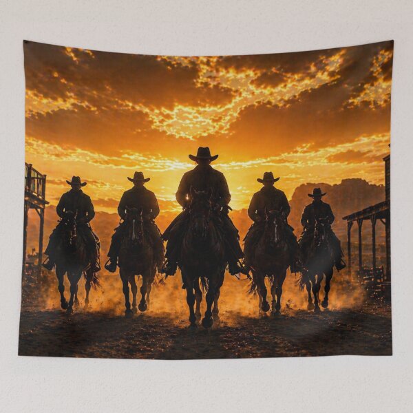 Item preview, Cowboy Riders at Sunset – Wild West Gang Western Art designed and sold by  QuarterHorseArt by Just my Studio.