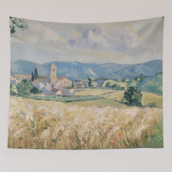 Item preview, French Village Landscape Art | Church and Wheat Field designed and sold by CARRAANN.
