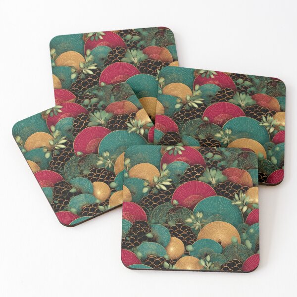 Item preview, Japanese Fan Art Deco Pattern Teal Red Gold designed and sold by NicolasGlowArt.