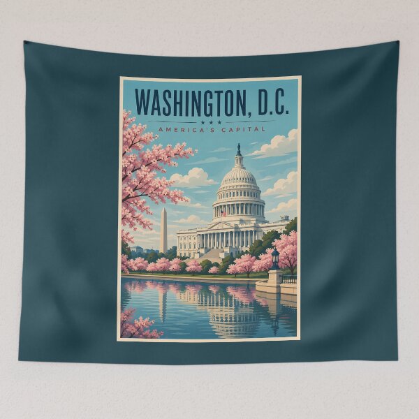 Item preview, Washington DC Cherry Blossoms Illustration Travel Art Vintage designed and sold by KrisSidDesigns.