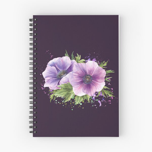 Item preview,  Purple flowers on watercolor stain splashes. Anemone hand drawn blooming bouquet designed and sold by BartolArt.