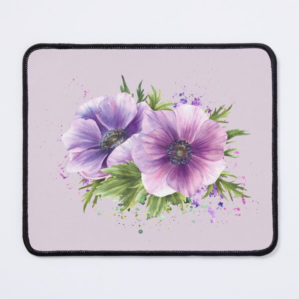 Item preview,  Purple flowers on watercolor stain splashes. Anemone hand drawn blooming bouquet designed and sold by BartolArt.