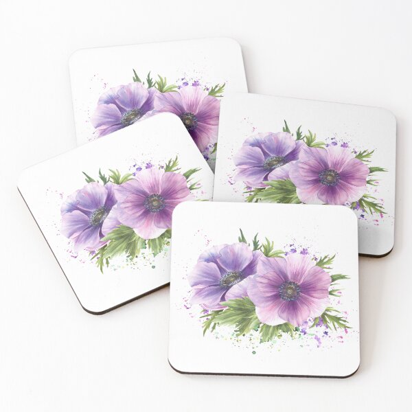 Item preview,  Purple flowers on watercolor stain splashes. Anemone hand drawn blooming bouquet designed and sold by BartolArt.