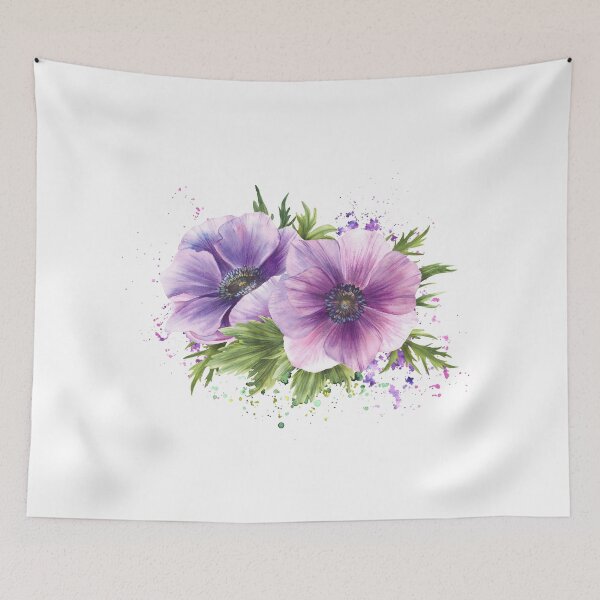 Item preview,  Purple flowers on watercolor stain splashes. Anemone hand drawn blooming bouquet designed and sold by BartolArt.