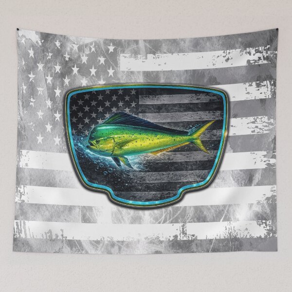 Item preview, Mahi Mahi American Flag Fishing Badge Design designed and sold by artistwill.