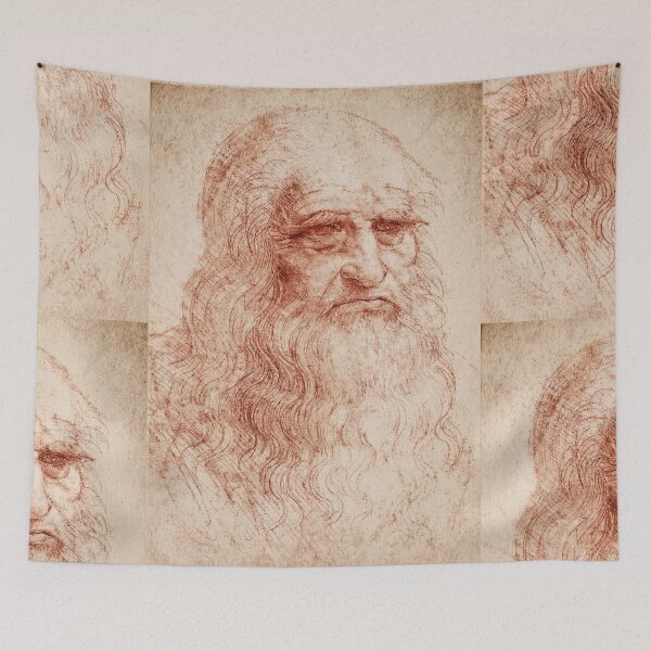 Item preview, Self Portrait by Leonardo da Vinci Renaissance Red Chalk Drawing Fine Art Print designed and sold by artofuniverse.
