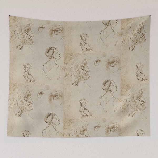 Item preview, Sheet of Studies by Leonardo da Vinci Bearded Man and Figure Studies Renaissance Drawing Fine Art Print designed and sold by artofuniverse.
