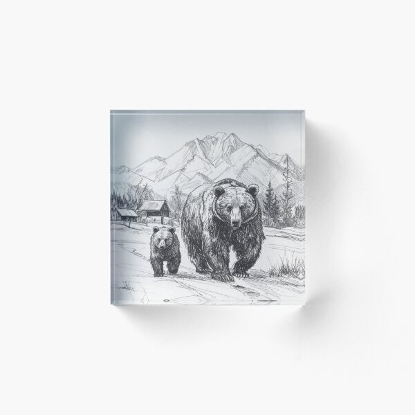 Aperçu de l'œuvre Deux ours, une mère et son petit, en randonnée sur de magnifiques sentiers de montagne. créée et vendue par TheTwoWorlds.