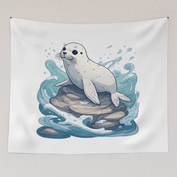Item preview, Playful Baby Seal on Rock with Ocean Waves Illustration designed and sold by Karolina’s Cozy Creations.