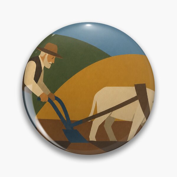 Item preview, Old man plowing the field with an ox in a naive-style rural landscape designed and sold by DrizzyV.