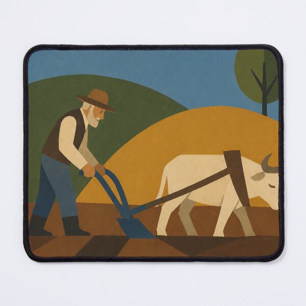 Item preview, Old man plowing the field with an ox in a naive-style rural landscape designed and sold by DrizzyV.