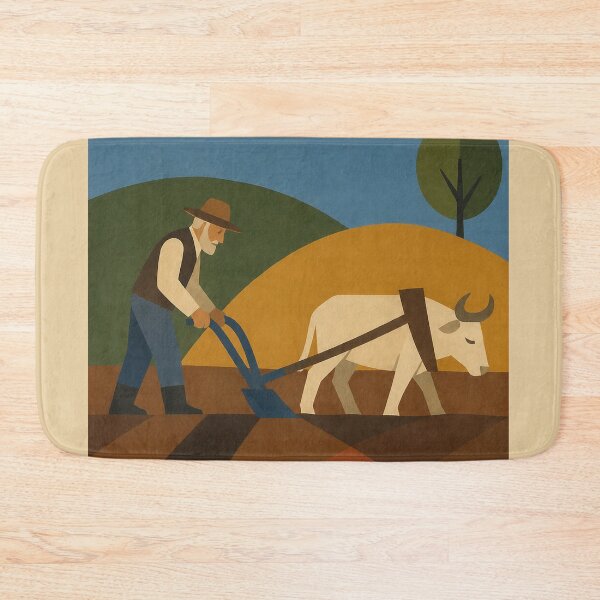 Item preview, Old man plowing the field with an ox in a naive-style rural landscape designed and sold by DrizzyV.