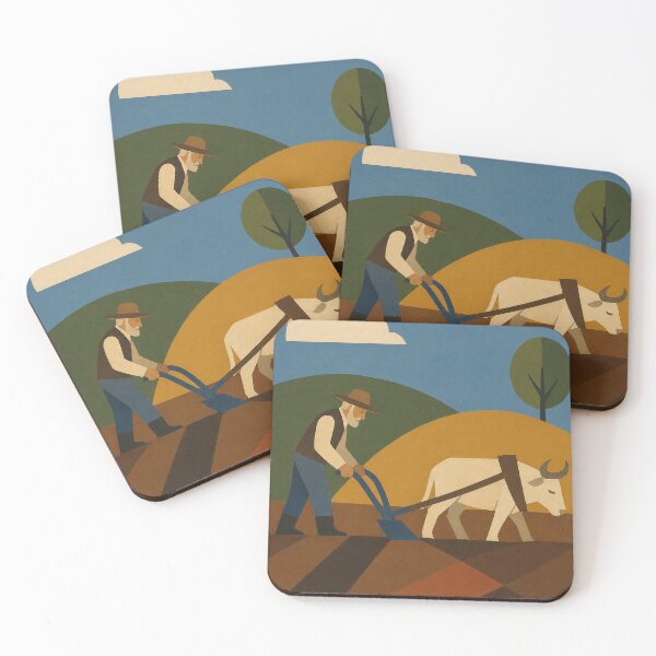 Item preview, Old man plowing the field with an ox in a naive-style rural landscape designed and sold by DrizzyV.