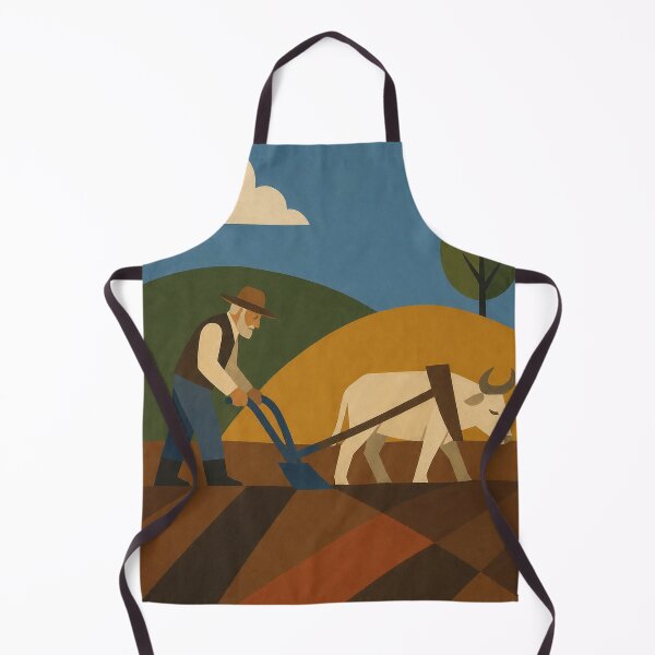 Item preview, Old man plowing the field with an ox in a naive-style rural landscape designed and sold by DrizzyV.