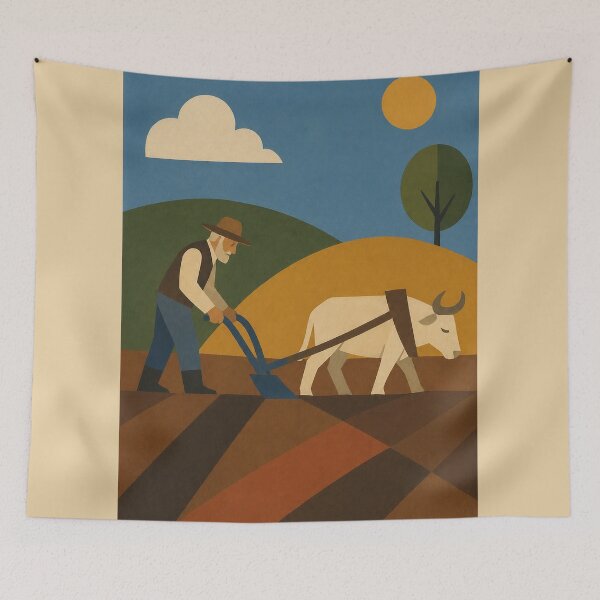 Item preview, Old man plowing the field with an ox in a naive-style rural landscape designed and sold by DrizzyV.