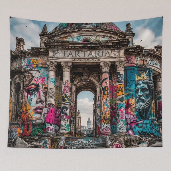 Item preview, Ancient Tartaria Graffiti Art Print – Urban Street Art Ruins, Classical Architecture Meets Modern Graffiti Wall Decor designed and sold by Emoji Emblems.