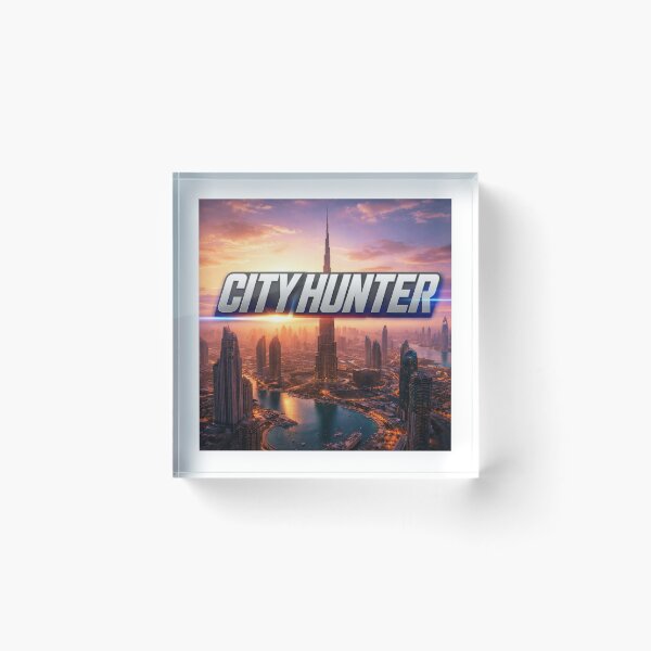 Item preview, City Hunter futuristic skyline at sunset designed and sold by STICKOANIME.