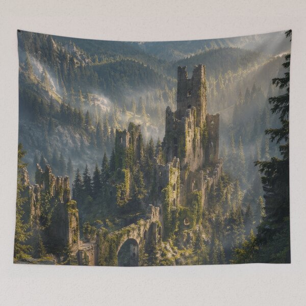 Item preview, Ancient Ruined Castle in Forest Mountains | Forgotten Medieval Kingdom Landscape designed and sold by DrakariArt.