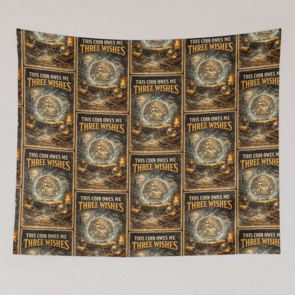Item preview, This Coin Owes Me Three Wishes Fantasy Vintage Poster Wall Art designed and sold by TeeTimeTreasure.