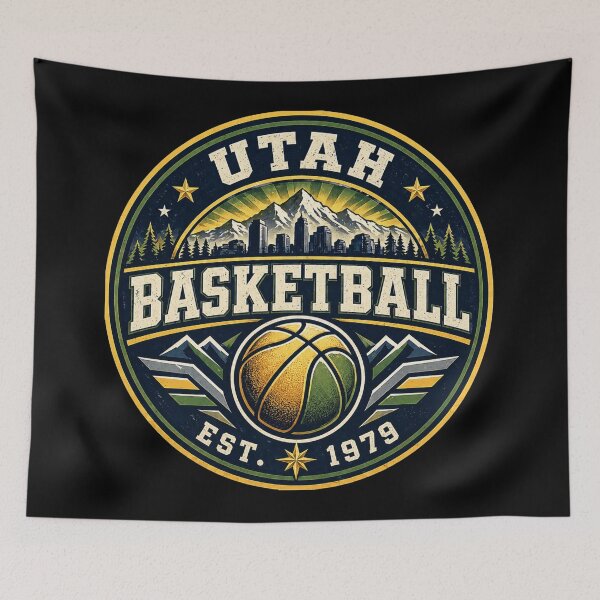 Item preview, Utah Basketball Vintage Badge Shirt – Mountain Sunset Retro Hoops Tee – Skyline Design designed and sold by TKOprintdesigns.