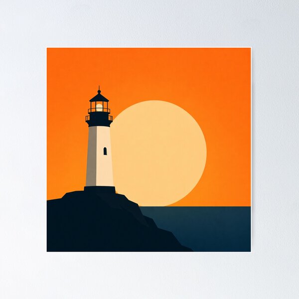 Item preview, Minimal Lighthouse Sunset Ocean Silhouette Poster designed and sold by Creative_Canvas.