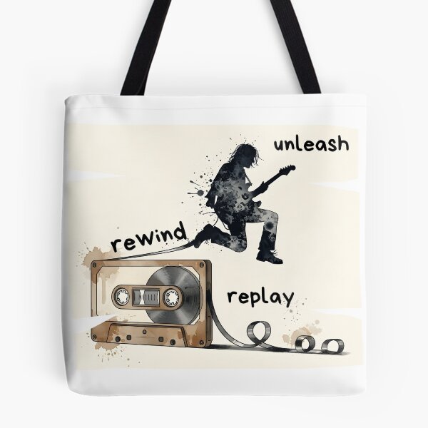 Item preview, Rewind Unleash Replay – Vintage Cassette Rock Guitarist Silhouette Art designed and sold by CrimsonChords.