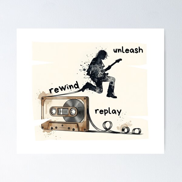 Item preview, Rewind Unleash Replay – Vintage Cassette Rock Guitarist Silhouette Art designed and sold by CrimsonChords.