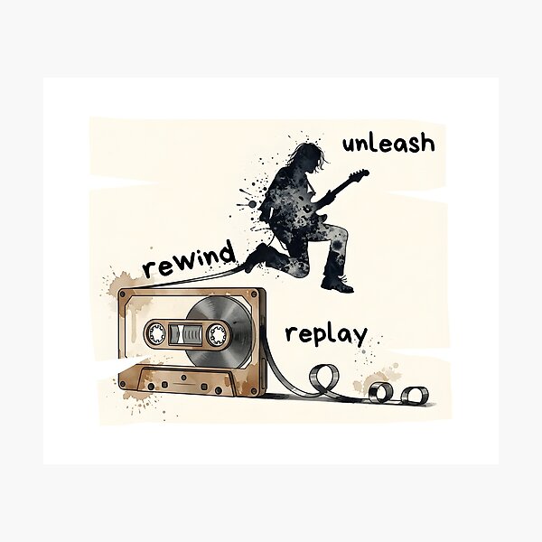 Item preview, Rewind Unleash Replay – Vintage Cassette Rock Guitarist Silhouette Art designed and sold by CrimsonChords.