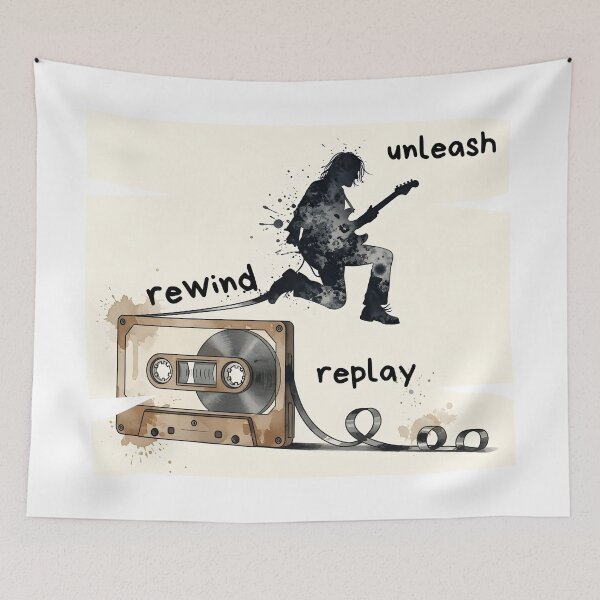 Item preview, Rewind Unleash Replay – Vintage Cassette Rock Guitarist Silhouette Art designed and sold by CrimsonChords.