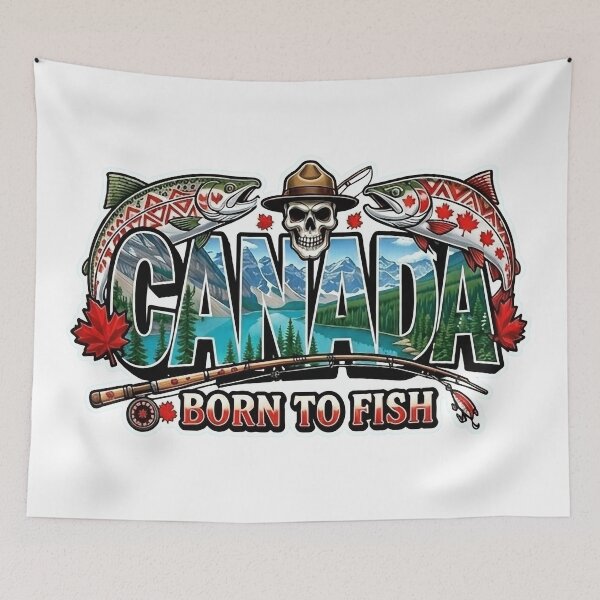 Item preview, Canada Born to Fish Patriotic Art - Rainbow Trout & Rocky Mountains Design designed and sold by SasquatchTrail.
