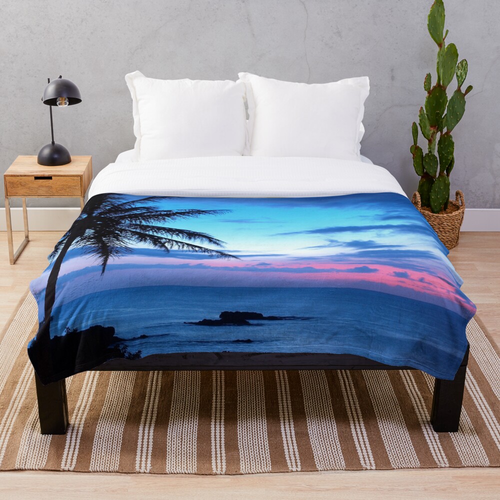 Tropical Island Pretty Pink Blue Sunset Landscape Throw Blanket