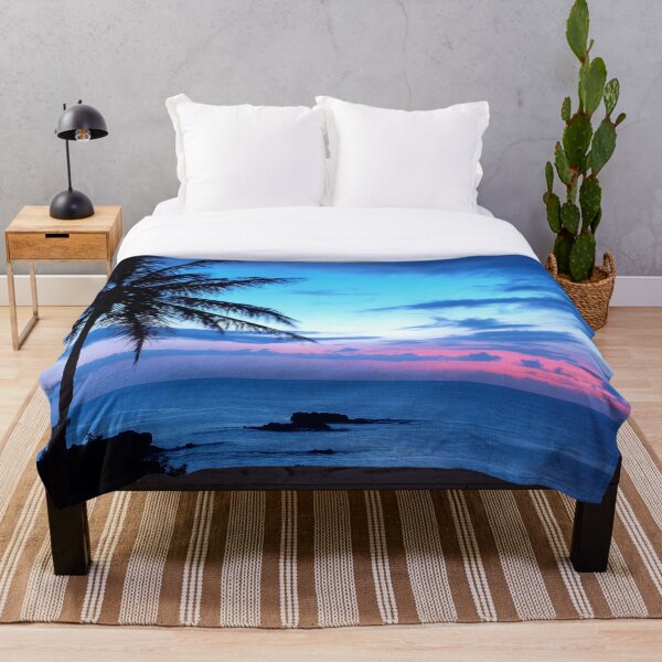 Tropical Island Pretty Pink Blue Sunset Landscape Throw Blanket