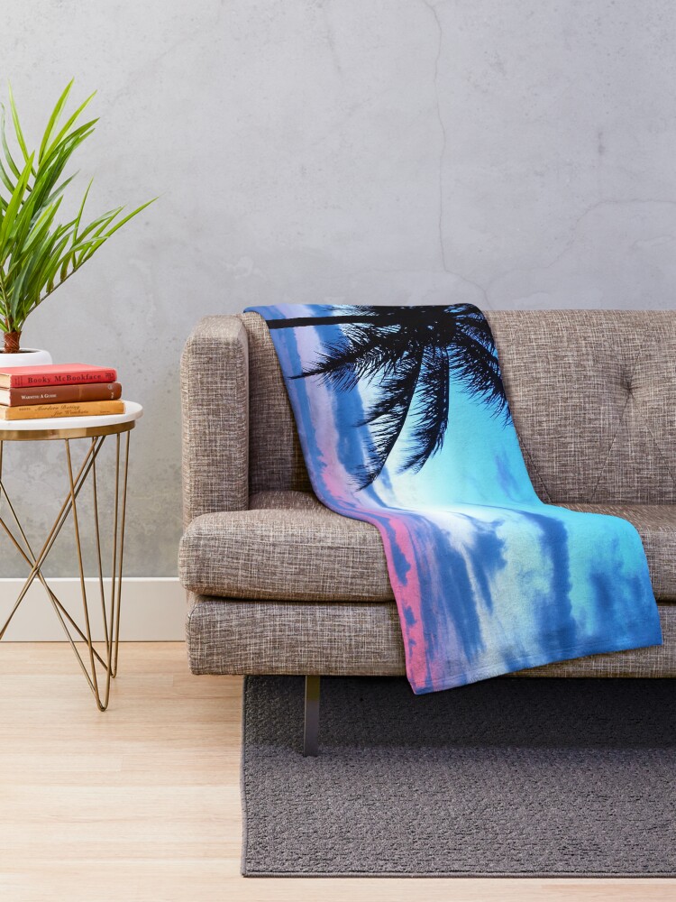 Alternate view of Tropical Island Pretty Pink Blue Sunset Landscape Throw Blanket