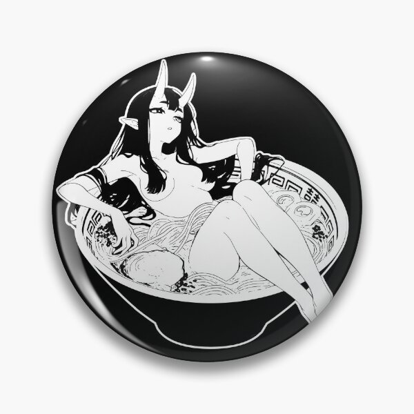 Item preview, Oni Girl Lounging in Ramen Bowl Black-White Manga Aesthetic designed and sold by MikaseSan.