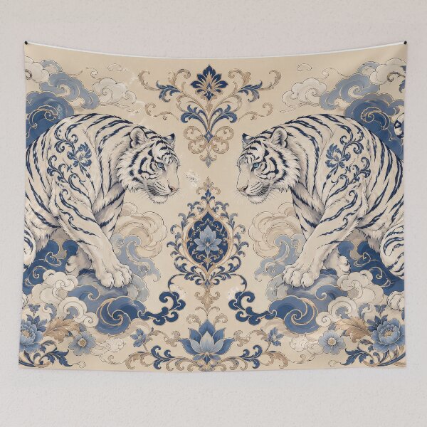 Item preview, Elegant Blue White Tiger Floral Chinoiserie Vintage Art Design designed and sold by LiuTiuuu.