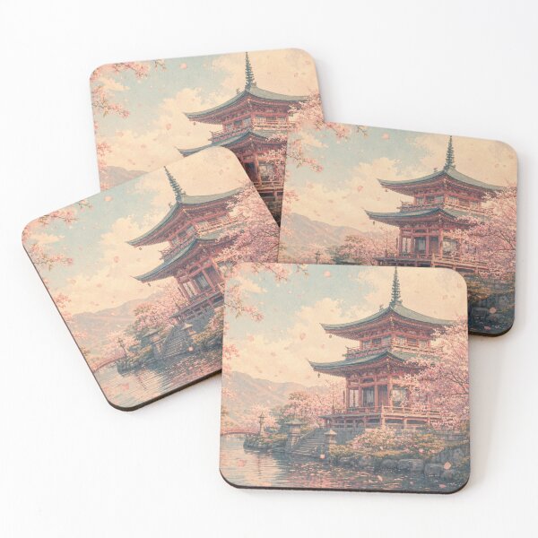 Item preview, Cherry Blossom Temple Landscape | Soft Pink Aesthetic Nature Art | Dreamy Pastel Scene designed and sold by NA-art725.