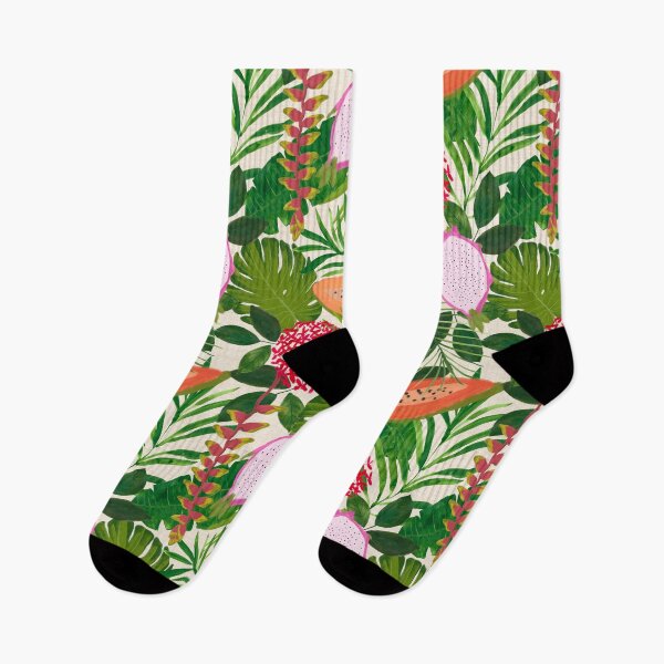 Item preview, Painterly Tropical botanical hothouse jungle of lush greenery fruits and florals on white designed and sold by PrettywithColor.