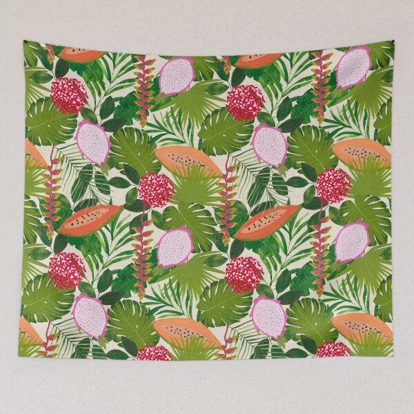 Item preview, Painterly Tropical botanical hothouse jungle of lush greenery fruits and florals on white designed and sold by PrettywithColor.