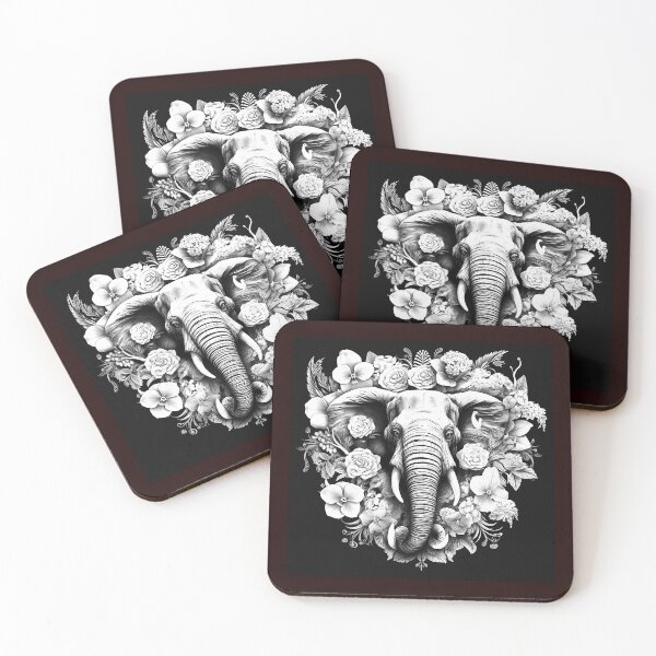 Item preview, Floral Elephant Portrait Black and White Art designed and sold by inkoutninja.