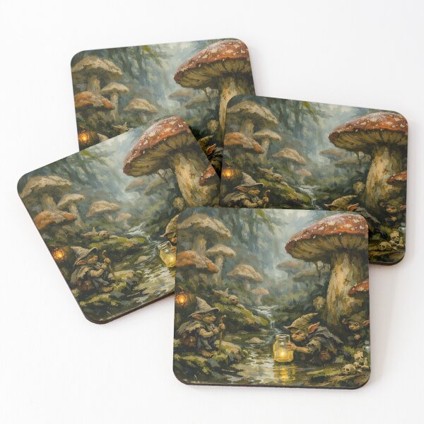 Item preview, Goblincore Forest Scene with Mushrooms and Lantern Light – Dark Cottagecore Fantasy Art designed and sold by cr6zym1nd.