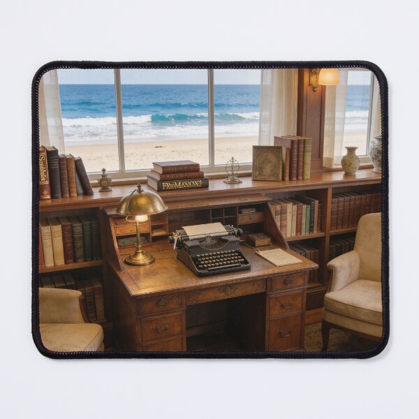 Item preview, 1930s Vintage Reading Room with Ocean View, Classic Library Wall Art Print designed and sold by BlareBlare.
