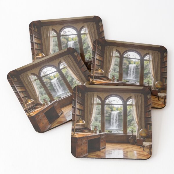 Item preview, 1930s Cozy Library with Waterfall View, Elegant Vintage Reading Room Artwork designed and sold by BlareBlare.