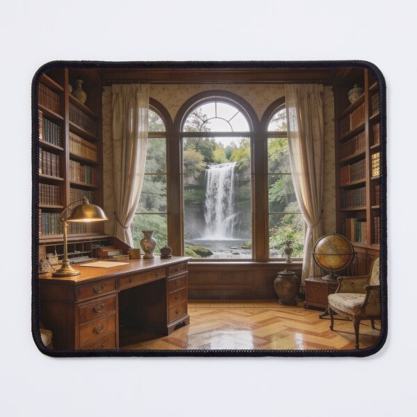 Item preview, 1930s Cozy Library with Waterfall View, Elegant Vintage Reading Room Artwork designed and sold by BlareBlare.