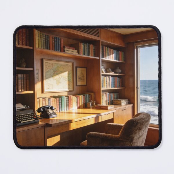 Item preview, 1960s Retro Reading Room with Ocean View, Mid-Century Library Art Print designed and sold by BlareBlare.