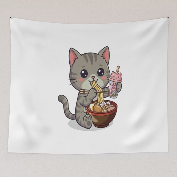 Item preview, Cute Grey Cat Eating Ramen designed and sold by Ella_Sketch.