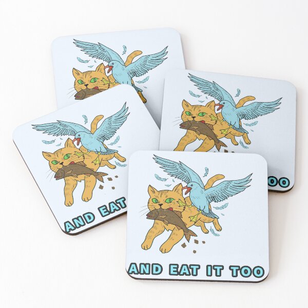 Item preview, Cat and Seagull Chaos Stealing Fish Illustration  designed and sold by LeshanArt.