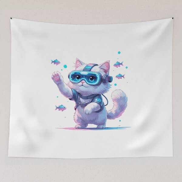 Item preview, Cute White Cat Playing with Virtual Fish VR Goggles Gamer Art designed and sold by AQUILAKREO.