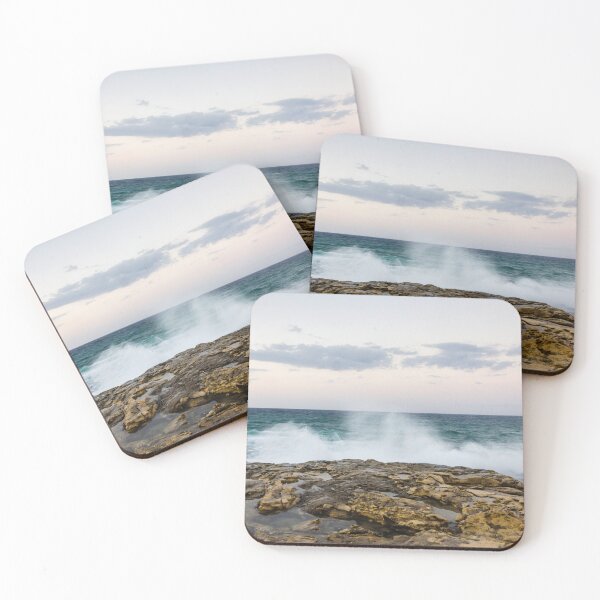 Item preview, Ocean Waves Crashing Against Rocky Shore At Dusk With Pastel Sky And Distant Horizon designed and sold by Nmallia.